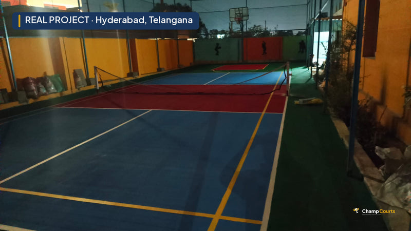 Real ChampCourts sports court installation — Hyderabad, Telangana.