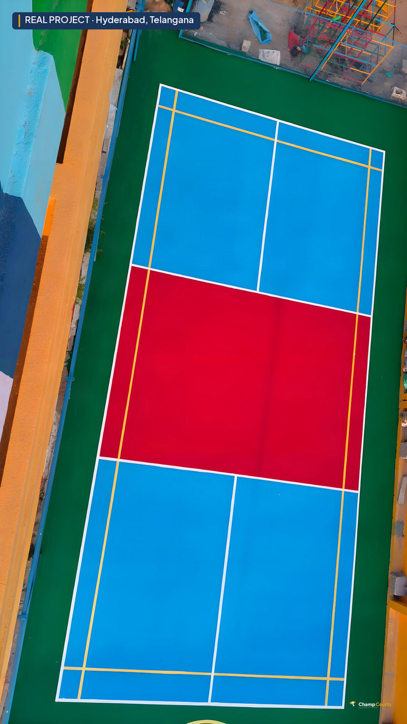 Real ChampCourts sports court installation — Hyderabad, Telangana.