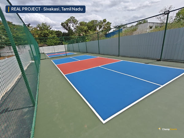 Fenced acrylic pickleball courts — real ChampCourts installation, Sivakasi