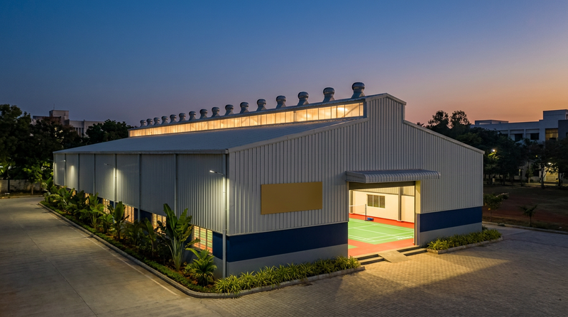 PEB badminton hall exterior at dusk with ridge turbovents and glowing skylights (visualization)
