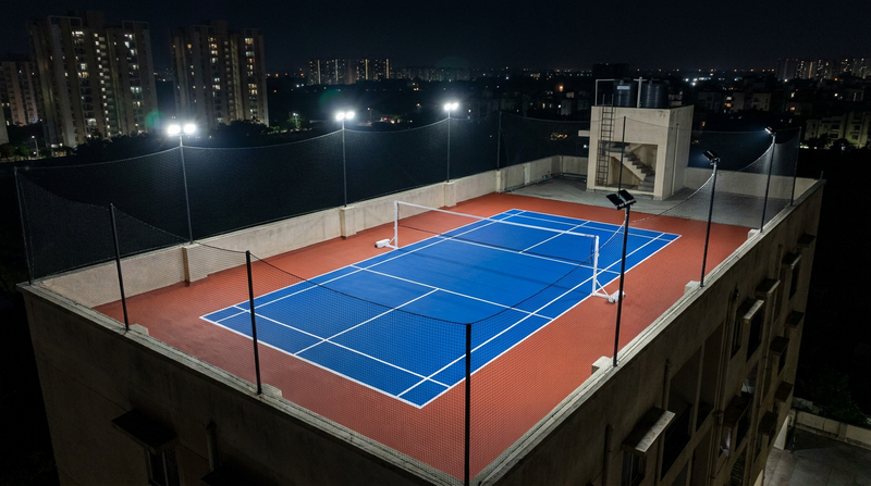 Rooftop acrylic badminton court with perimeter safety netting under evening floodlights (visualization)