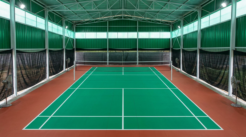 Badminton court under a shed roof with mesh upper walls for airflow (visualization)