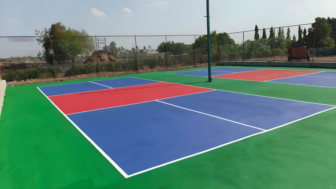 Wide view of multiple courts under construction on one site, Barsi