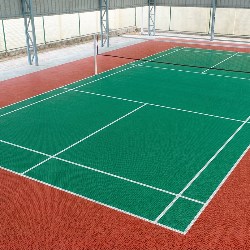 Badminton court with sports-tile surface