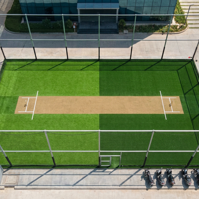 Aerial view of a netted box cricket court