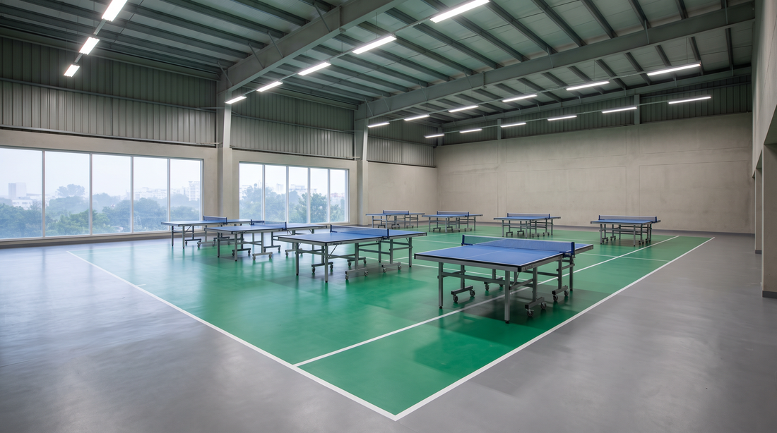 Indoor table tennis hall with blue tables on a green PVC sports floor