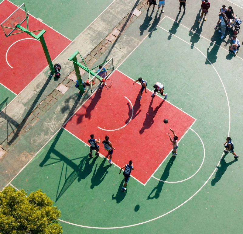 Acrylic basketball court aerial — full FIBA dimensions, pan-India installation