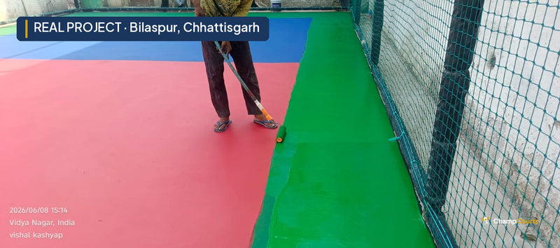 Real ChampCourts sports court installation — Bilaspur, Chhattisgarh.