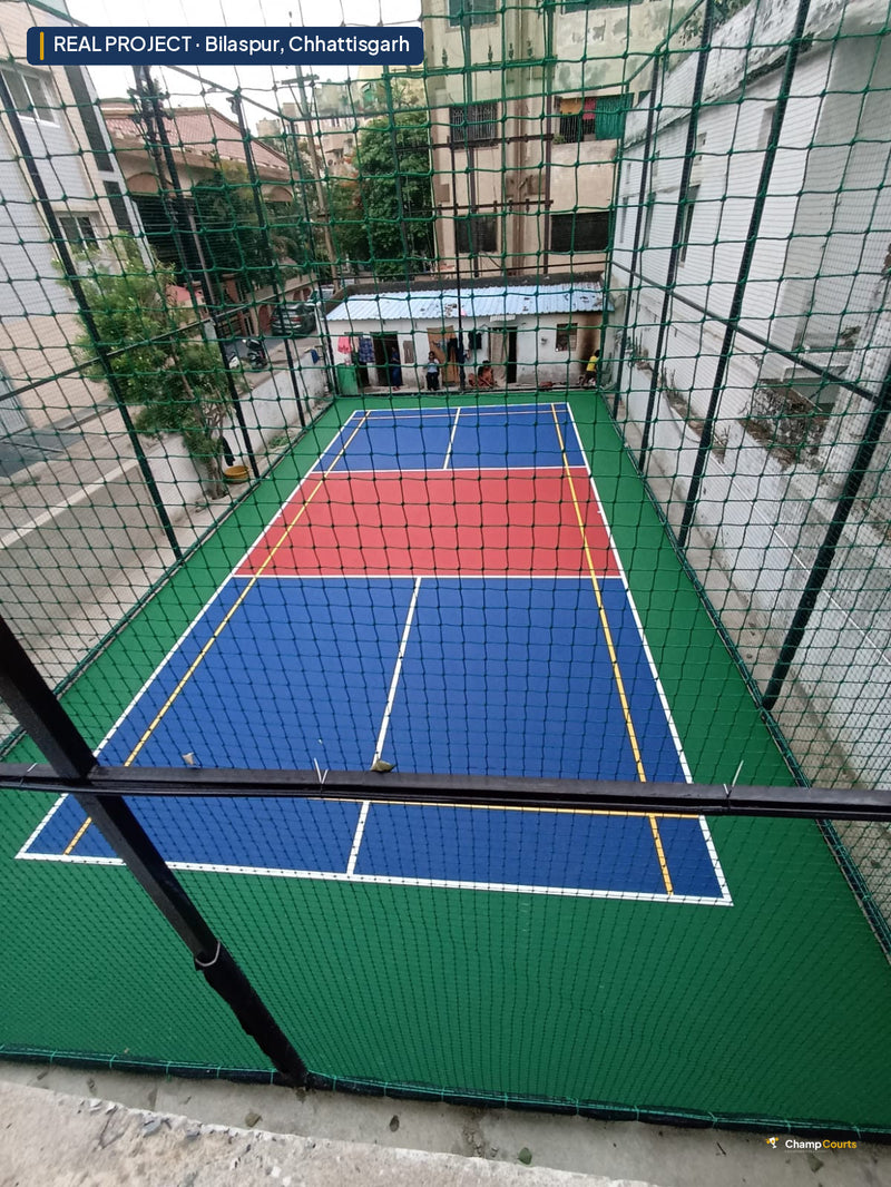 Real ChampCourts sports court installation — Bilaspur, Chhattisgarh.