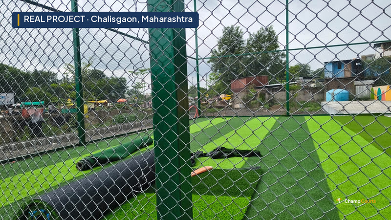 Real ChampCourts sports court installation — Chalisgaon, Maharashtra.