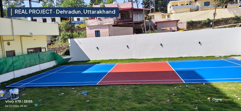 Real ChampCourts sports court installation — Dehradun, Uttarakhand.