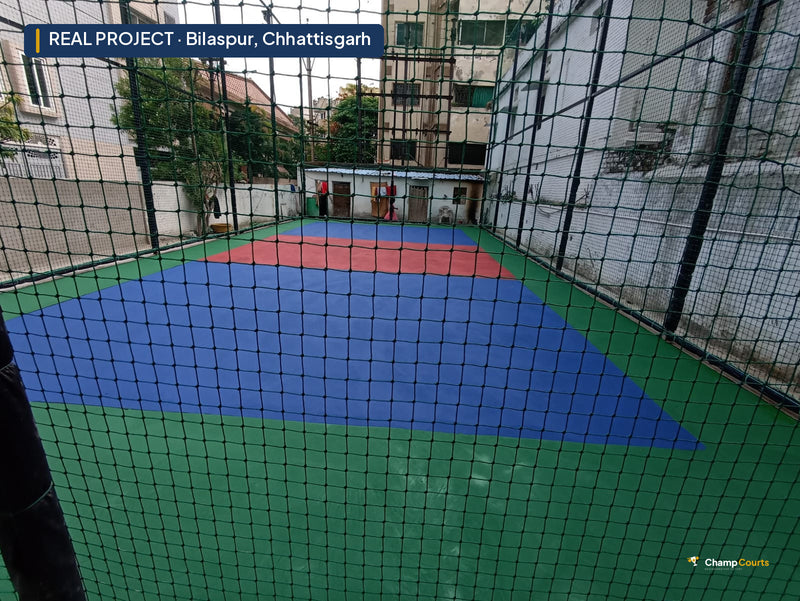 Real ChampCourts sports court installation — Bilaspur, Chhattisgarh.