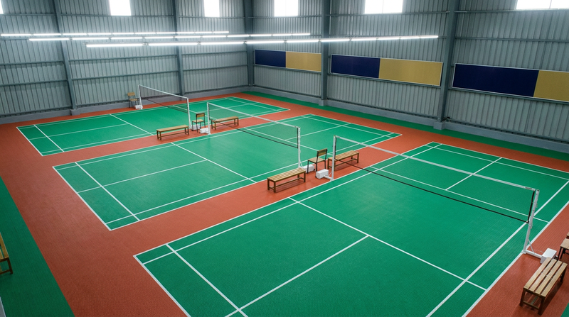 Three-court indoor badminton hall with lighting rows between courts (visualization)