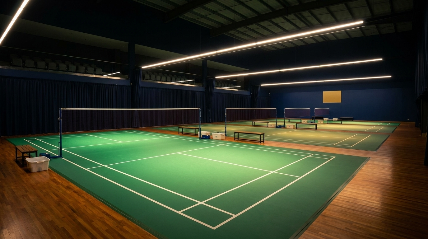Tournament evening in an indoor badminton hall — hero court under pooled LED light, rows running between the courts (visualization)