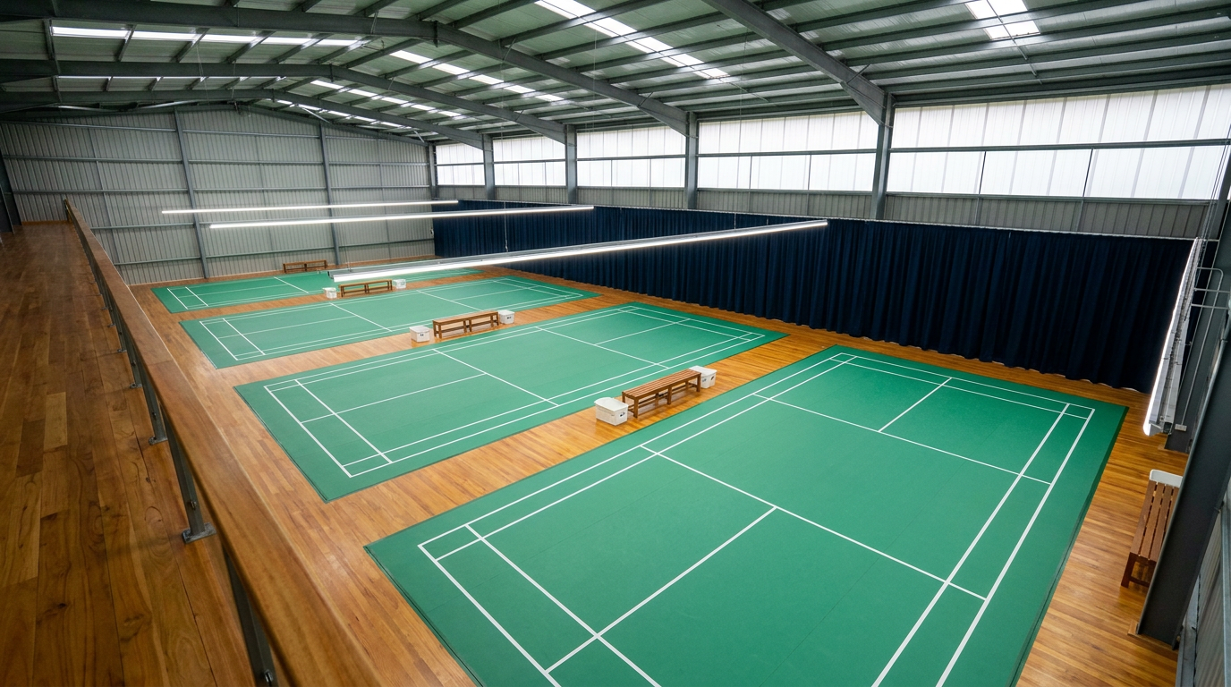 Mezzanine overlook of a four-court PEB badminton hall — steel portal frames, translucent sheeting and teak-bordered green courts (visualization)