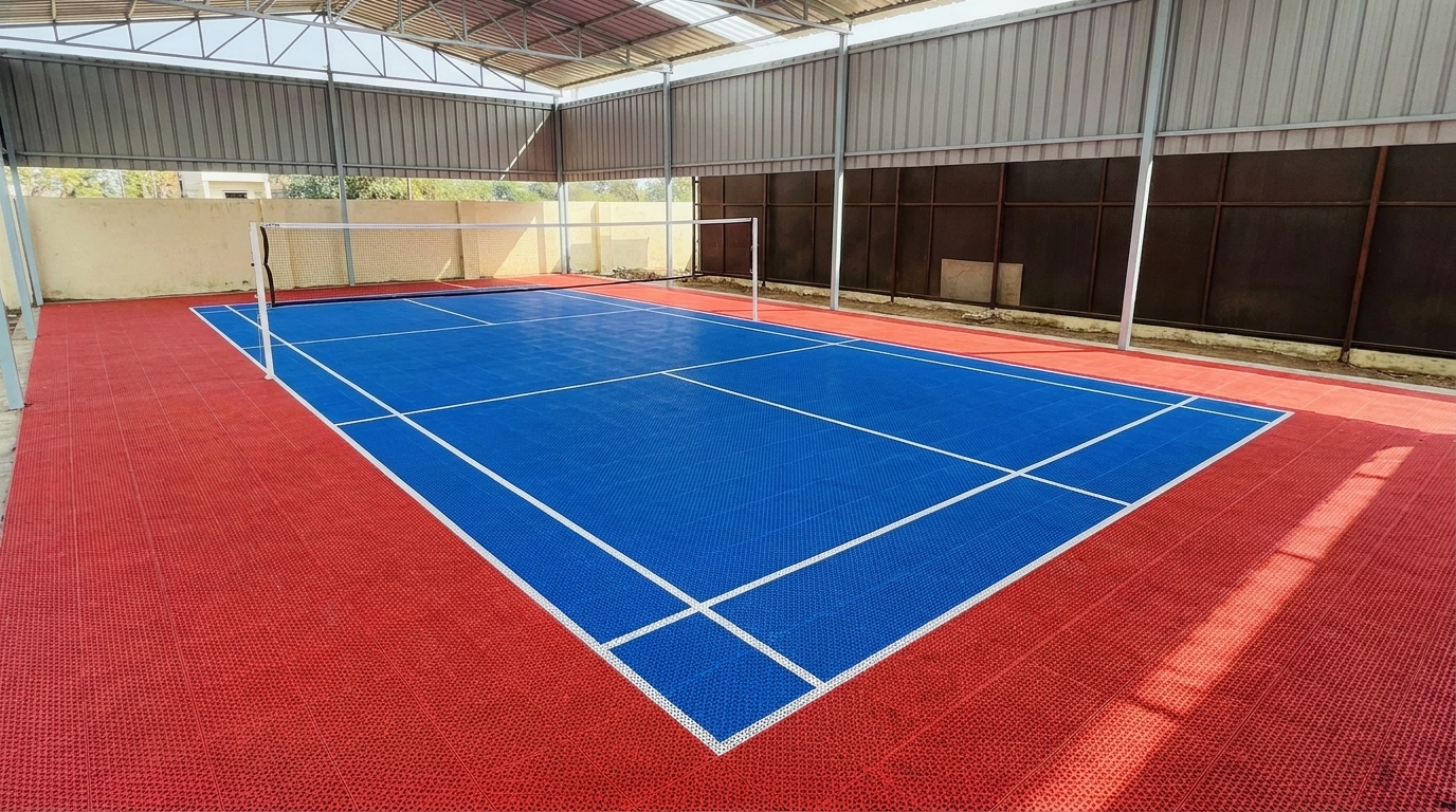 Academy badminton court showing full court markings and run-off zones (visualization)
