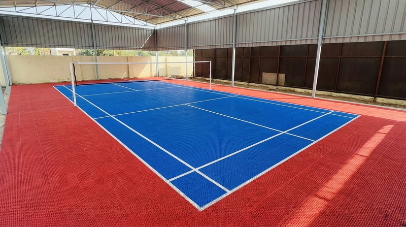 Academy badminton court showing full court markings and run-off zones (visualization)