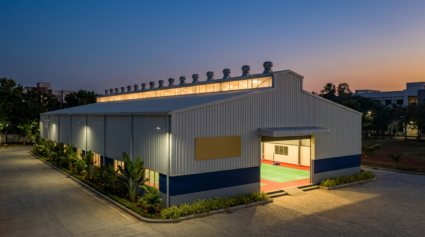PEB badminton hall exterior at dusk with ridge turbovents and glowing skylights (visualization)