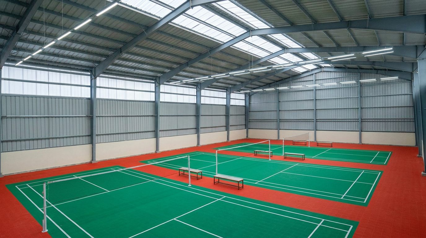 PEB badminton hall with polycarbonate ridge skylights and steel portal frames over three courts (visualization)