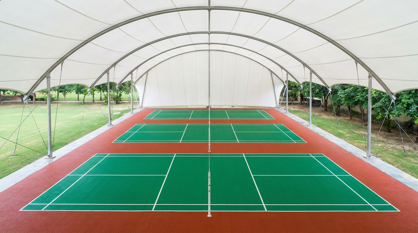 Curved tensile membrane roof spanning badminton courts on slender steel masts (visualization)