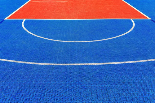 PP interlocking tile pattern detail — 1ft × 1ft snap-fit tiles, FIBA Level 2 certified